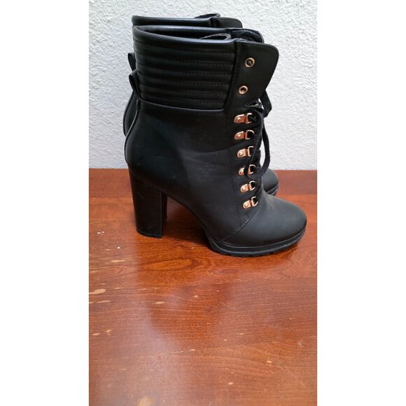 Justfab Women's Black Lace-Up High Heel Ankle Boots Quilted Detail & Gold Eyelet - Picture 2 of 8